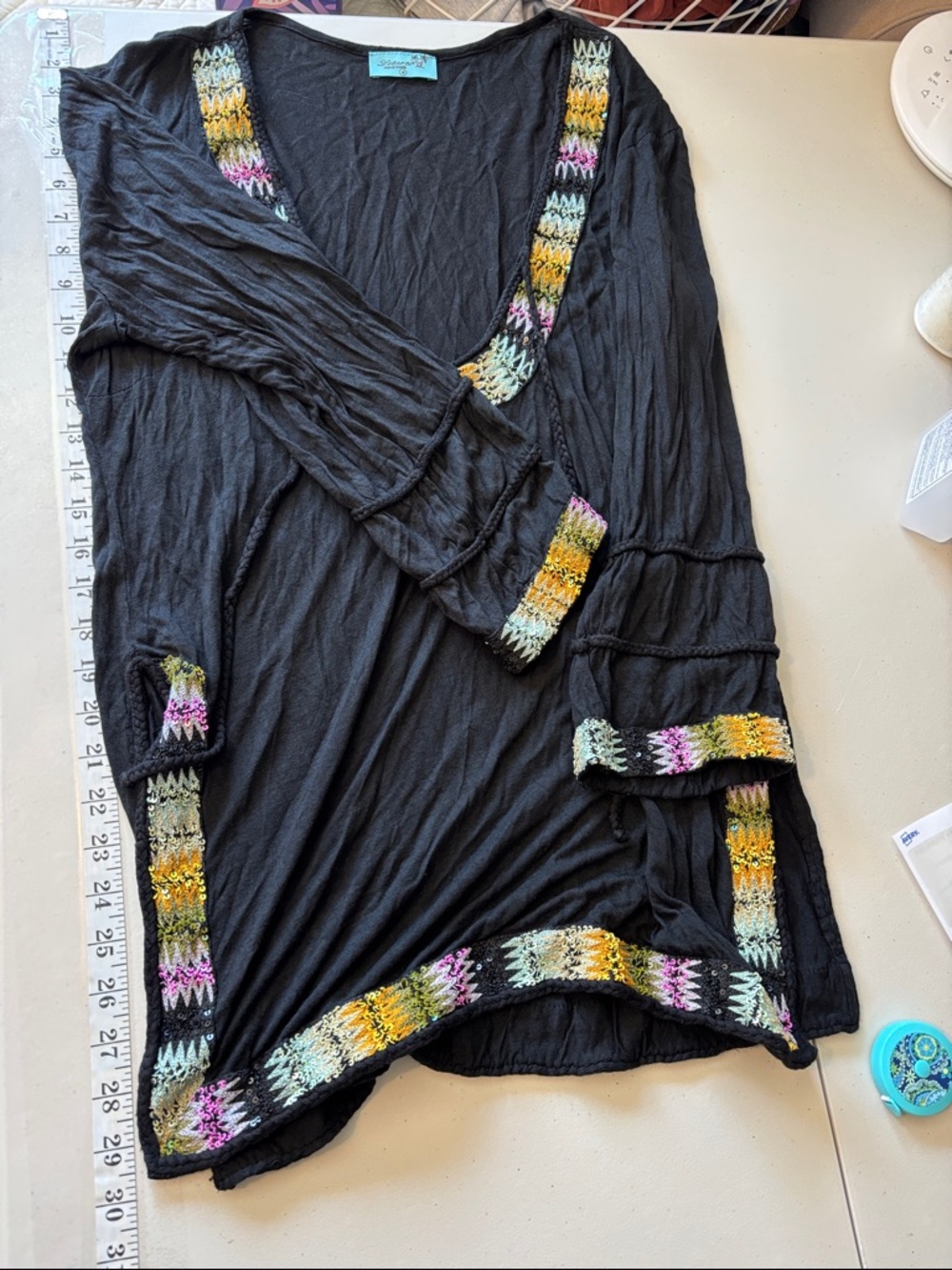 Letarte Black Tunic Size Medium Boho Resort Island Travel Swim Embroider Coverup - Picture 9 of 10